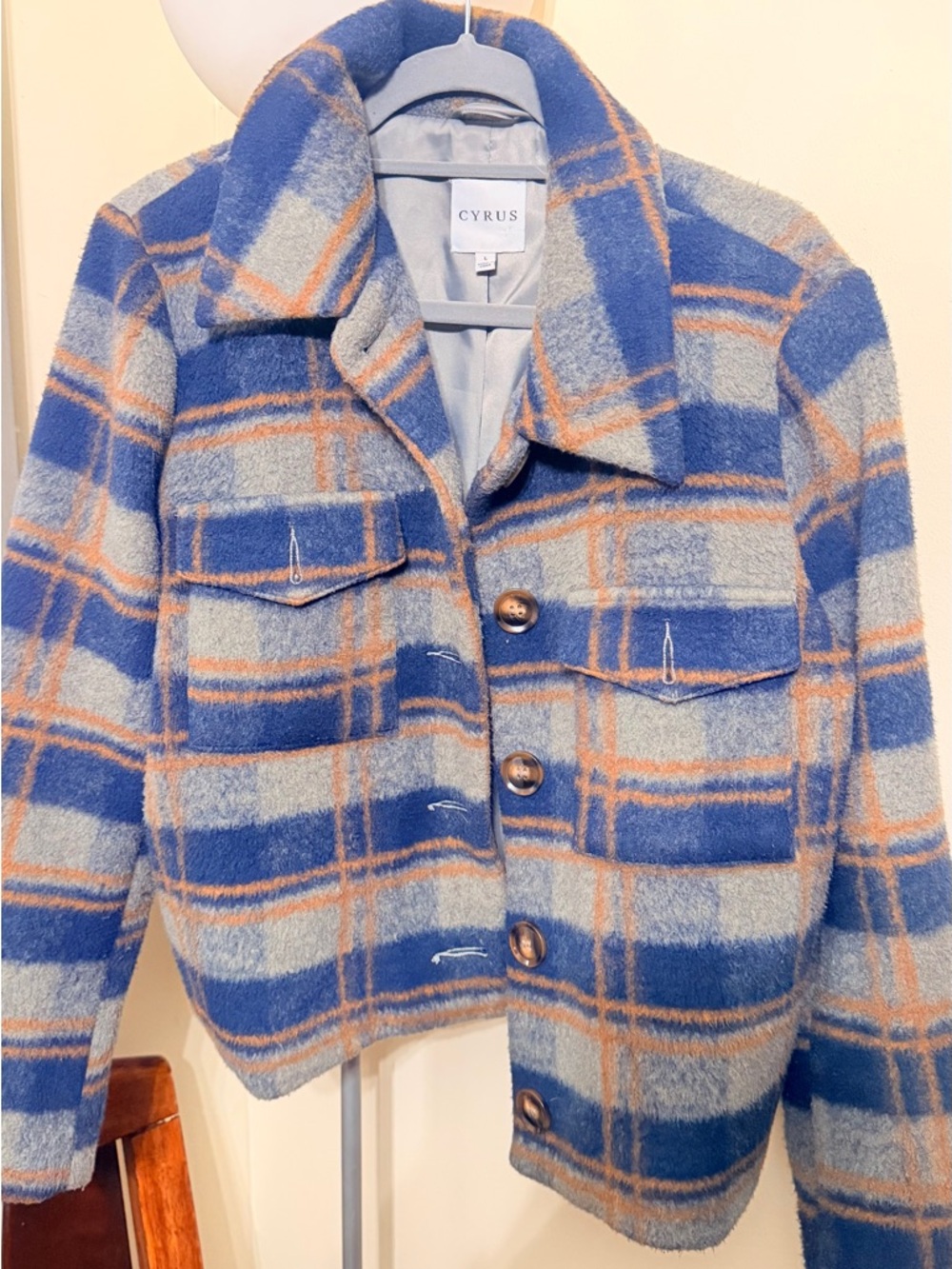Cyrus Blue, Gray & Tan Plaid Wool-Blend Button Jacket